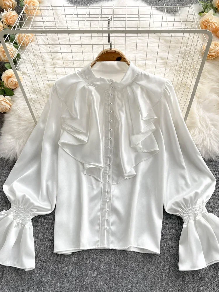 AltGoth Fairycore Elegant Satin Loose Shirt Long Flared Sleeves Ruffles O-Neck Beading Women Gentle Office Lady Casual Blouse