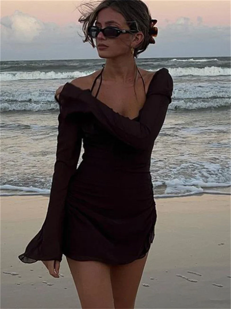 wsevypo Elegant Off-Shoulder Halter Short Dress Women Long Flare Sleeve Side Drawstring Ruched Mini Dress A-Line Party Vestidos