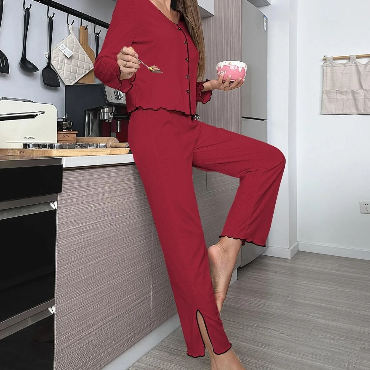 

Autumn Winter Sleepwear Women's Pajamas Set Long-sleeved T-shirt Cardigan and Long Trousers Set Loungewear Home Clothes