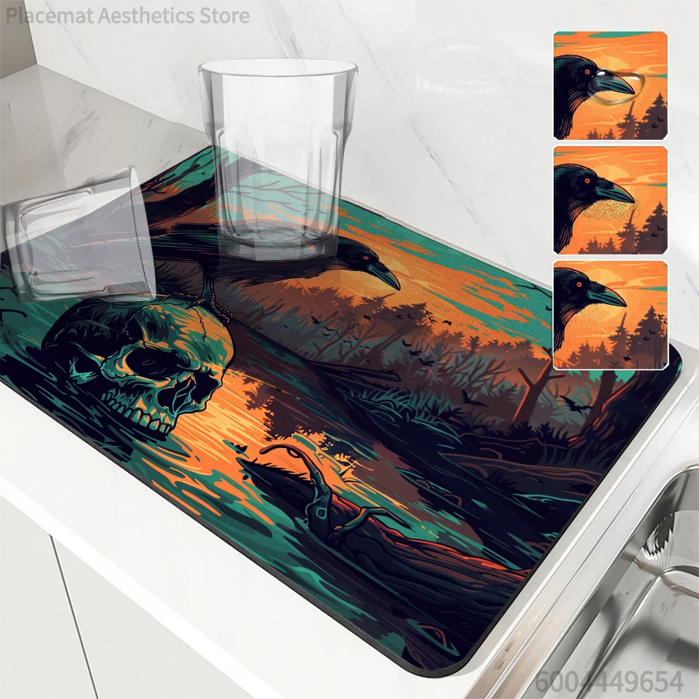 Gothic Raven Skull Halloween Print Super Absorbent Drying Mat, Waterproof Non‑Slip Kitchen Countertop Decor Placemat