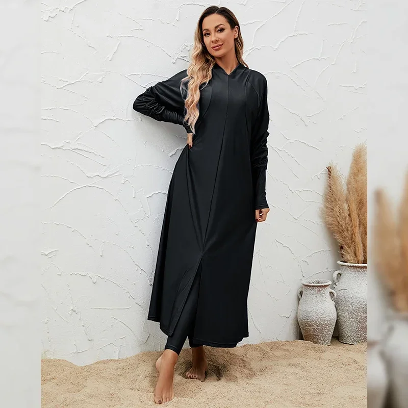 

2025 Summer Dubai Abaya 3 Piece Set Black Burkini Muslim Mujer Modest Swimwear Women With Swim Cap Robe Femme Musulmane Clothing
