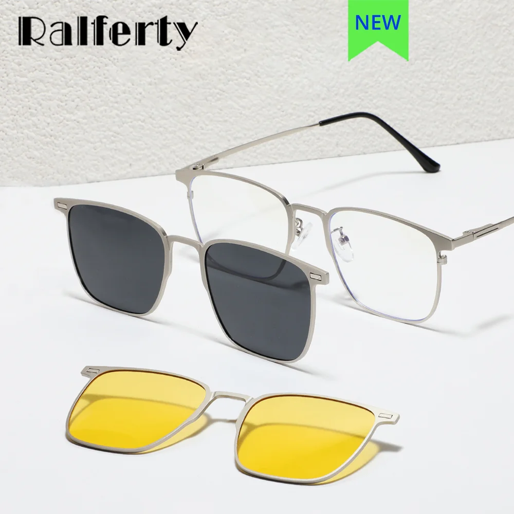 Ralferty 3 In 1 Magnetic Sunglasses Men Yellow Black Polarized Sun Glasses Square Metal Eyeglass Frame No Diopter Glasses Women