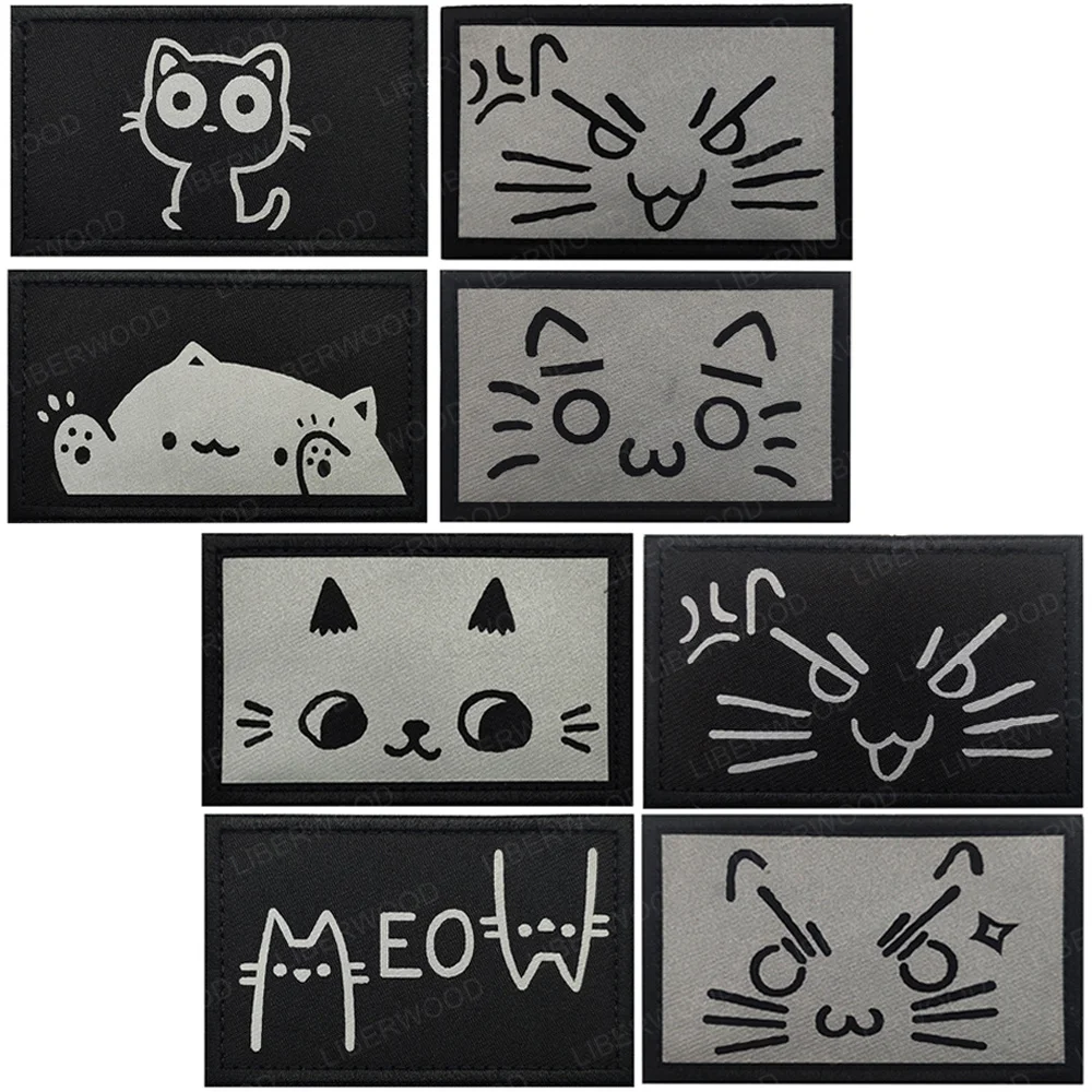 Cartoon Cat Kitten Expression Reflective Patches Dog‘ Cat' Teryx Funny Meow Badge Backpack Clothing Hook Loop Patch Appliques