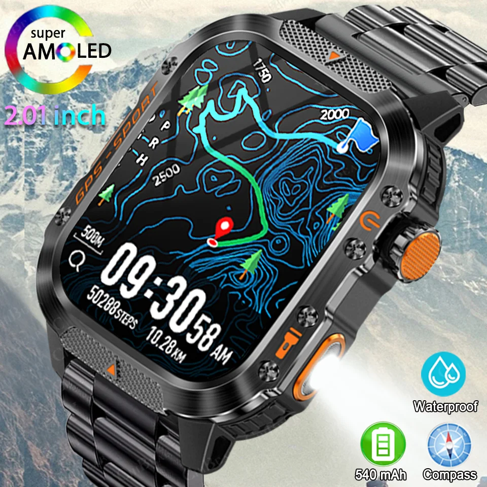 

2025Новые уличные умные часы для мужчин с GPS-треком, спортивный фитнес-трекер, светодиодный фонарик, компас, монитор здоровья, Bluetooth-умные часы с вызовом