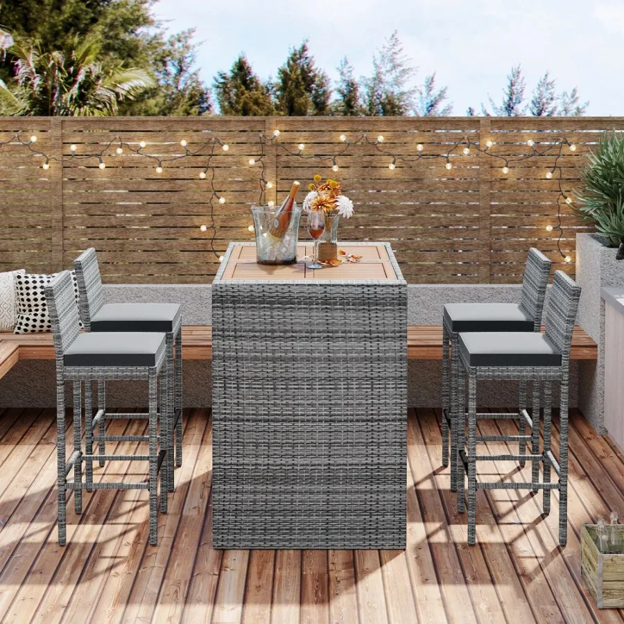 

5-pieces Outdoor Patio Wicker Bar Set, Bar Height Chairs With Non-Slip Feet And Fixed Rope, Removable Cushion, Acacia Wood Tabl
