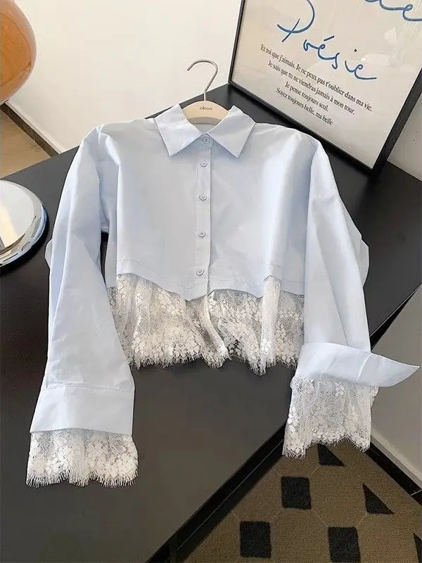 Blue Short Shirt Women's Design Sensation Minority Inner Wear Lace Hem Spring Fashionable Small Shirt Korean Style Straight Cut