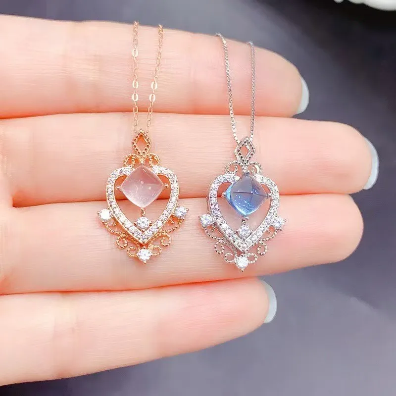 

Vintage 925 Silver Heart Pendant 6mm Natural Rose Quartz Topaz Necklace Pendant with 18K Gold Plating