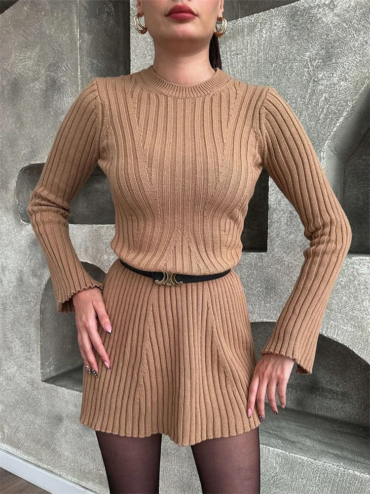 Dress Mini Sweater rajut wanita, pakaian rajut perca bergaris lengan panjang pinggang tinggi longgar