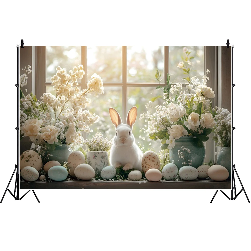 Latar belakang Tulip Paskah musim semi untuk fotografi, latar belakang foto ulang tahun, jendela kayu bunga, telur warna-warni, fotografi, kelinci