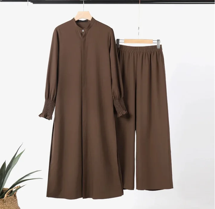 Muslim 2 Piece Women Long Coat Wide Leg Pants Suit Ramadan Morocco Dubai Islam Casual Ensemble Kimono Musulmane Arabic Outfits