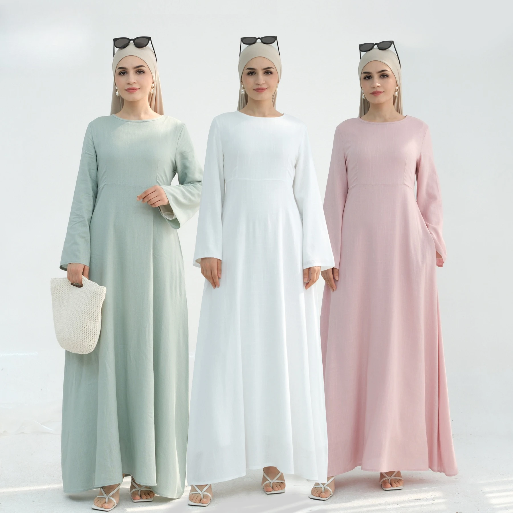 

Dubai Turkish LR947 Womens Long Dress Solid Color Linen Waist Robe