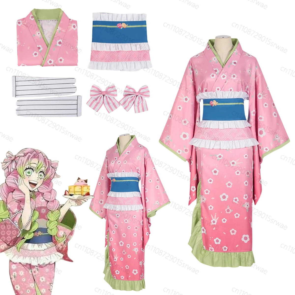 

2025 Anime Demon Killer Cosplay CostumesGanlu Temple Glass Kimono Full Set New Fashion Kanroji Pink Kimono Dress Outfits