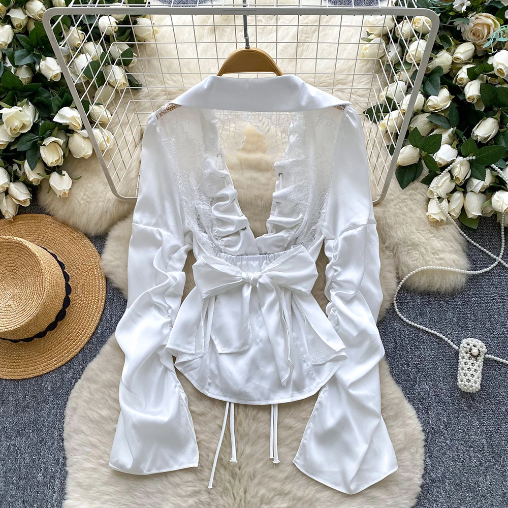 بلوزات متينة على طراز المحكمة العتيق من TWOTWINSTYLE للنساء بياقة على شكل V وأكمام طويلة بدون ظهر مقسمة قمصان مثيرة للسيدات KBL550144 #4