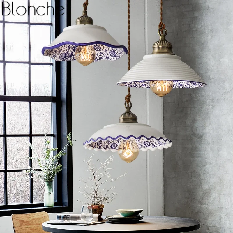 Chinese Style Ceramic Pendant Lights Vintage Led Hanging Lamp Retro Loft Porcelain Hanglamp Kitchen Fixture Home Decor Luminaire