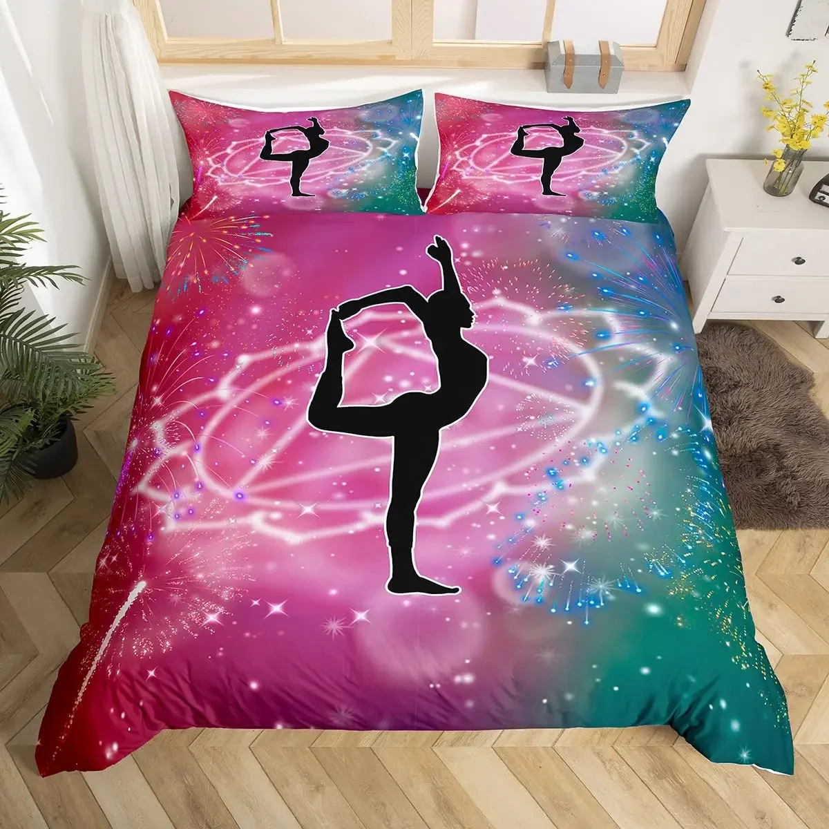 Gymnastics Duvet Cover Full Queen,Gymnast Dancer Comforter Cover for Gymnast Gift,Starry Sky Bedding Set Boho Flower Quilt Cover