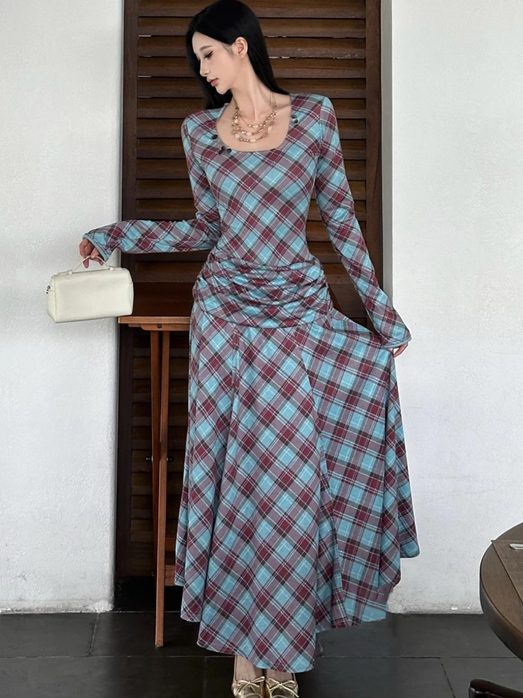 Frauen Blau Plaid Langarm Quadrat Kragen Maxi Kleid Herbst Winter Plissee Bodycon Prom Kleid 2025, Koreanische Vintage Luxus Kleid