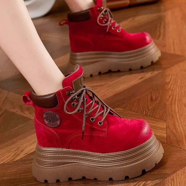 

Women's Boots Thick Bottom Western Style Mid-Calf Fleece Lined Leather Boots round Toe Slope Heel All Season Boots