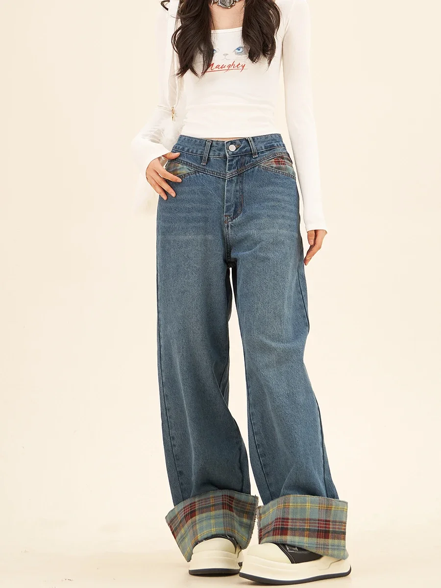 Splicing Plaid Contrasting Curled Jeans Women's 2024 Autumn New American Trendy Brand Retro Wide Legs