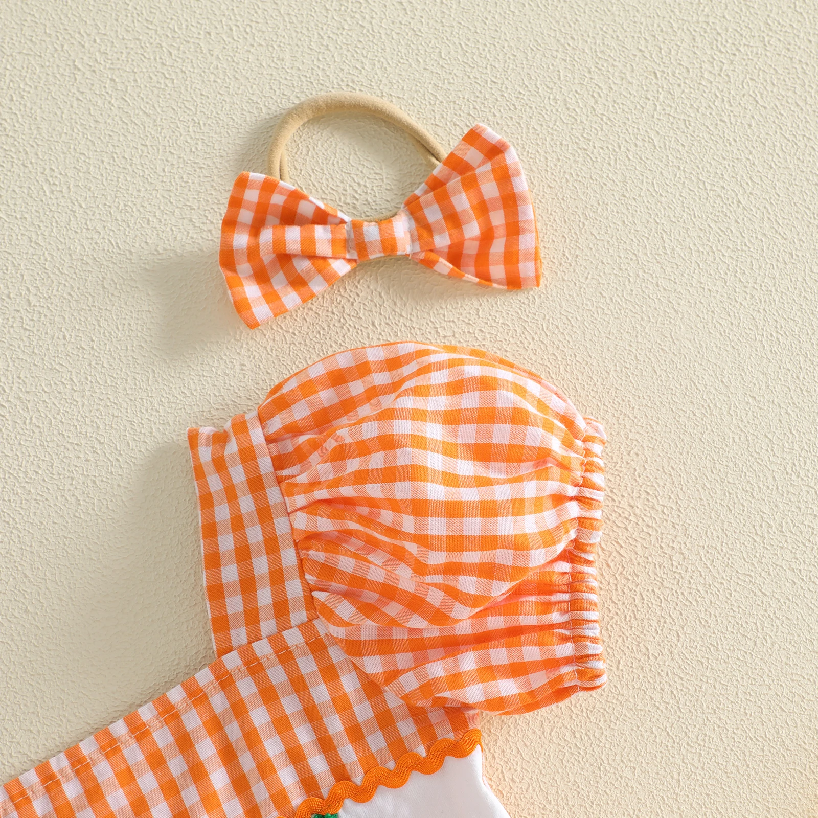 Newborn Girl Outfit, Short Sleeve Plaid Embroidery Pumpkin Romper Dress with Headband Halloween Clothes