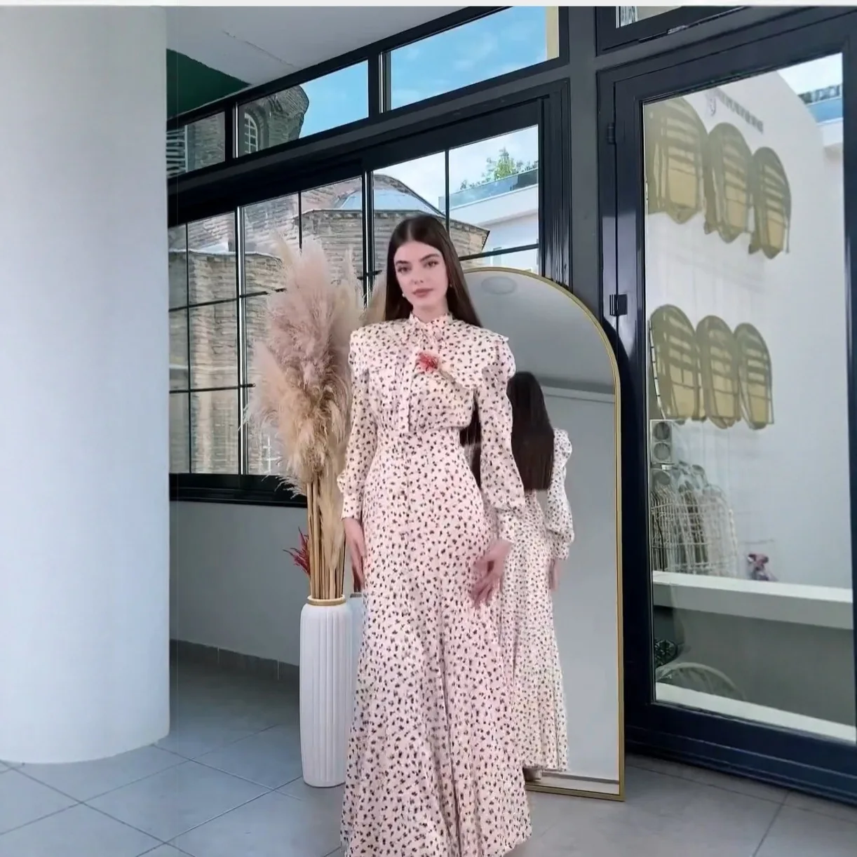 Langes Kleid für Damen mit Blumenmuster, A-Linie, Schnürung, langen Ärmeln, tailliert, elegant, mit Knöpfen, Y2K Streetwear, Arbeitskleidung 2026