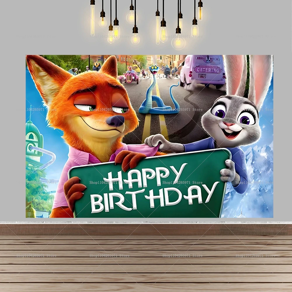 Bannière de fond d'écran d'anniversaire sur le thème du film Zootopia 2, aventure animale, pour enfants, garçons et filles, décoration d'anniversaire, fournitures de fond photo
