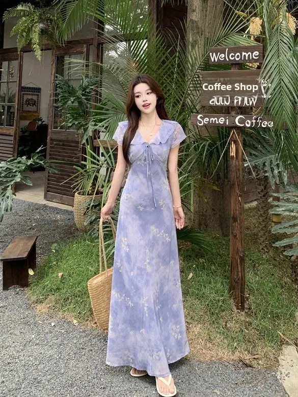 

plus Size Women's Summer V-Neck Voluminous Sleeveless A-Line Midi Dress with Lace Trim Korean Style High Waist Flattering