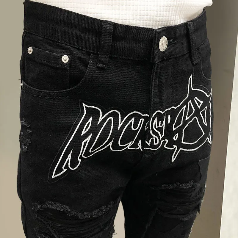 Hip Hop Jeans Men Slim Elastic Jean European Style New Graphic Jeans For Men Star Pattern Letter Trend Brand Fashion Men Pant