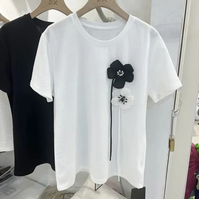 DAYIFUN-Women's 3D Flower Short Sleeve T-shirts Loose O Neck Pullover Korean Tops Tees Chic Design Summer Fashion Tshirts 2024