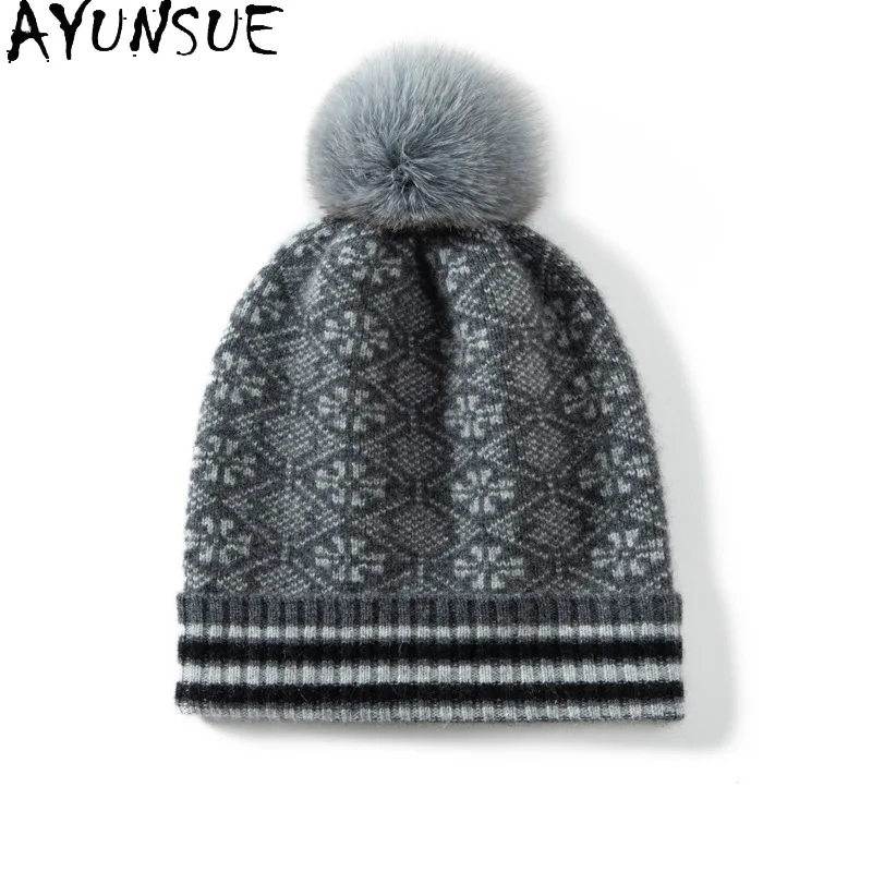 AYUNSUE Natural Cashmere Hat for Women Winter New Outdoor Pompoms cap Knitted Striped Jacquard Beanies Hats Soft Keep Warm Cap