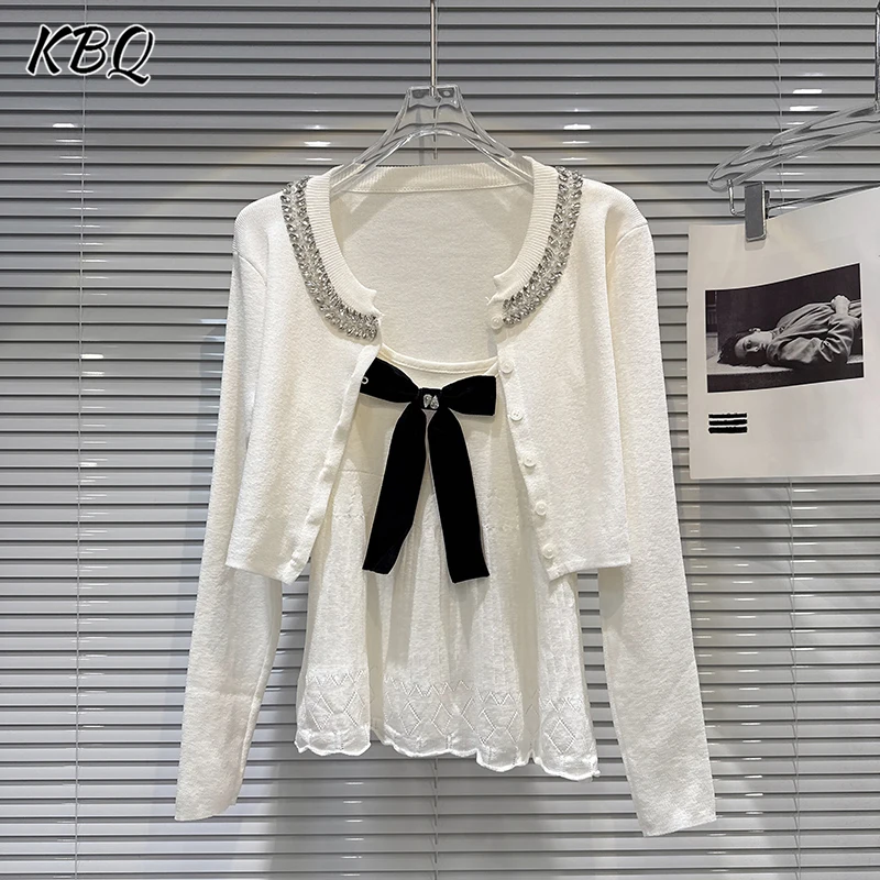 

KBQ Casual Slimming Two Piece Sets For Women Round Neck Long Sleeve Coat Square Collar Sleeveless Vest Cute Set Female Fashion
