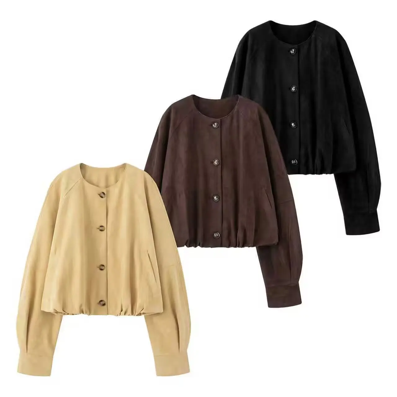 

Women's Long Sve round Ne PU Jaet Single Button Fastening Outerwear Autumn 2025 Faion Loose Fit Color
