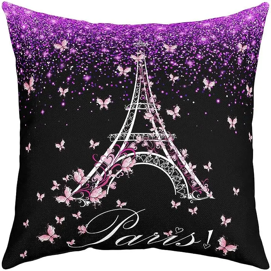 Eiffel Tower decorative pillowcase, square cushion cover sofa living room black 45x45 pillow case