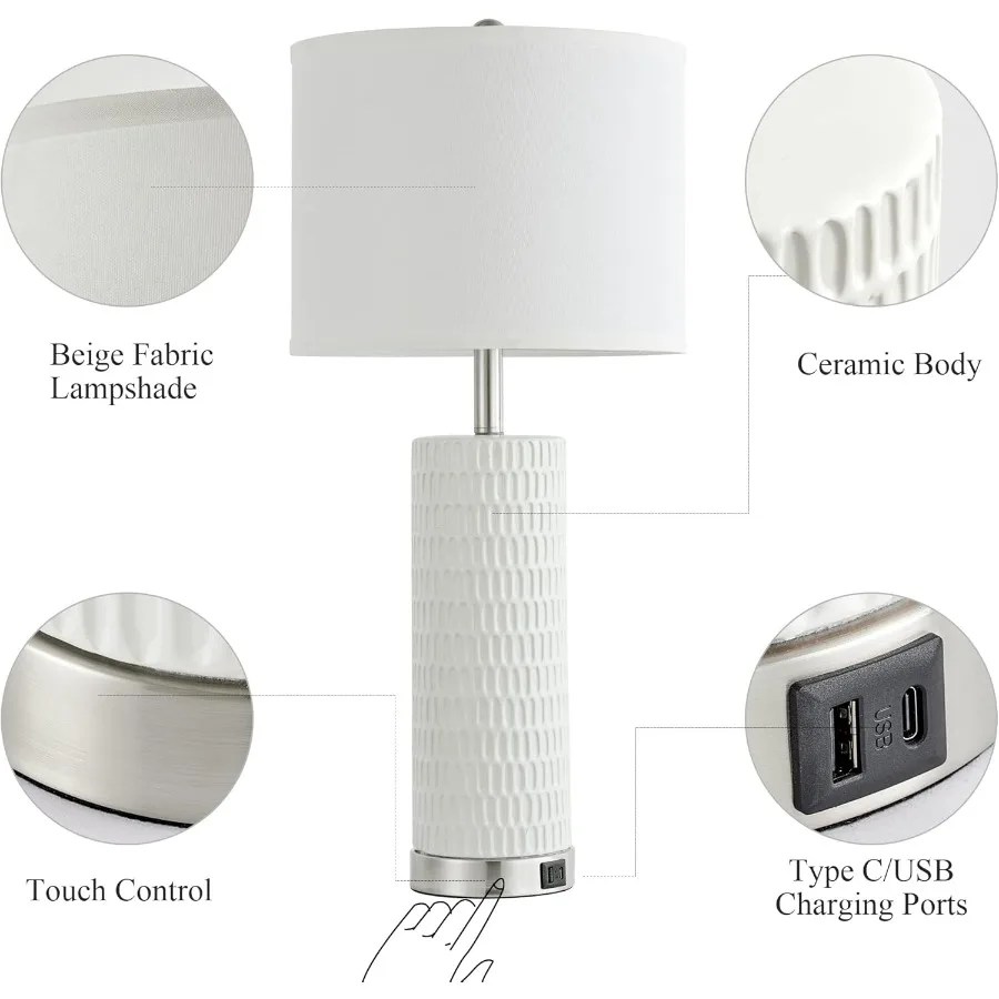 26.5 "مجموعة مصابيح طاولة سيراميك مكونة من 2 3 طرق عكس الضوء مصباح طاولة للتحكم باللمس مع 2 منافذ شحن USB لغرفة النوم وغرفة المعيشة