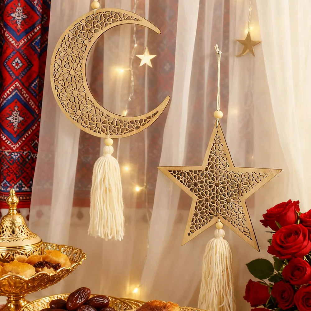 Ramadan Wooden Hanging Ornaments Moon and Star Hollow Mesh Wall Decor Islamic Eid Mubarak Muslim Decor，Ramadan Kareem Gift