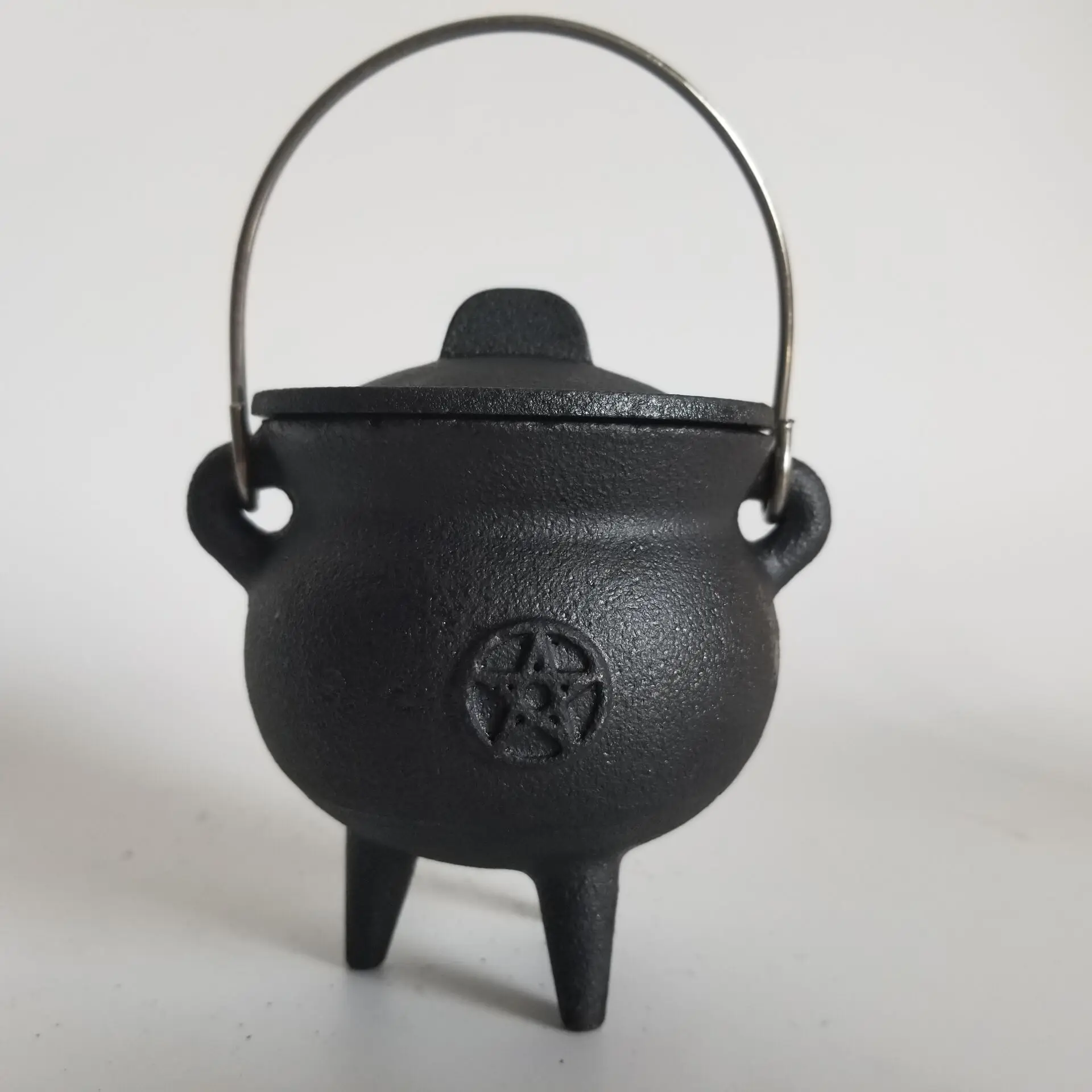 Small Pentagram Pentacle Cast Iron Cauldron with Metal Holder for Sale