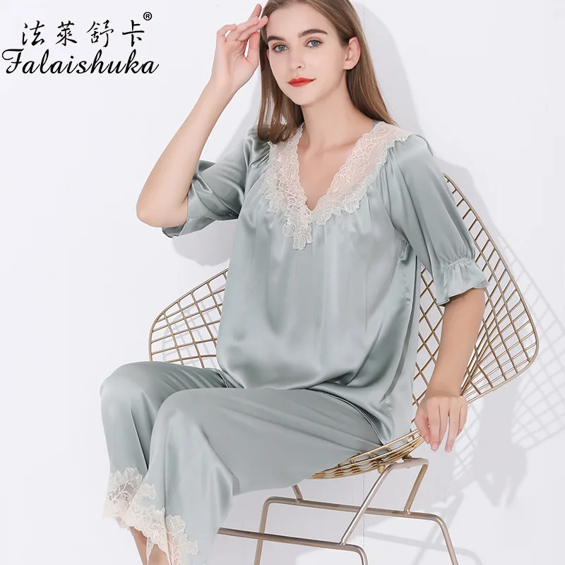 19 momme 100% genuine silk women pajama sets Elegant noble pure natural silk sexy lace women sleepwear T8264