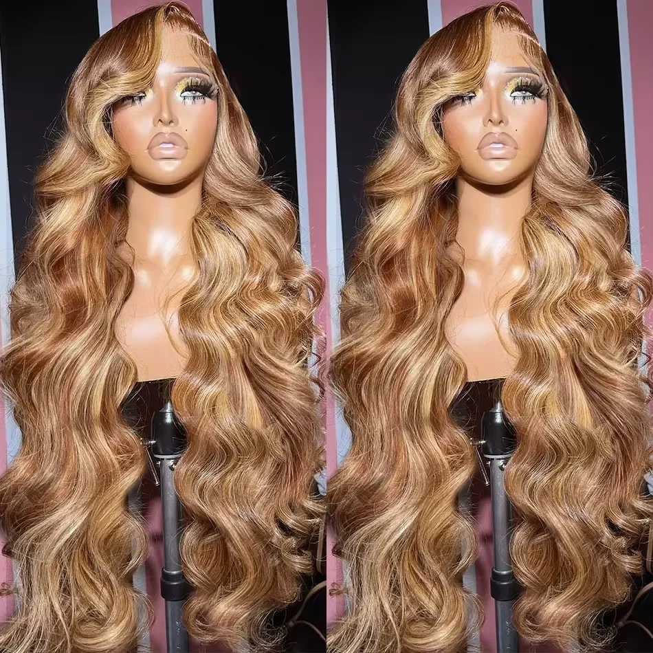 

Парик Ombre Highlight из натуральных волос, 13x6 HD Lace Frontal, бразильский, коричневый, медово-русый, с эффектом Body Wave, 13x4 Lace Front, 250% плотность
