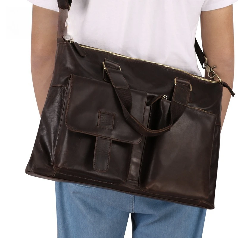 Men's Genuine Leather Business Briefcase 17-Inch Laptop Bag Horizontal Shoulder Cowhide Top Layer