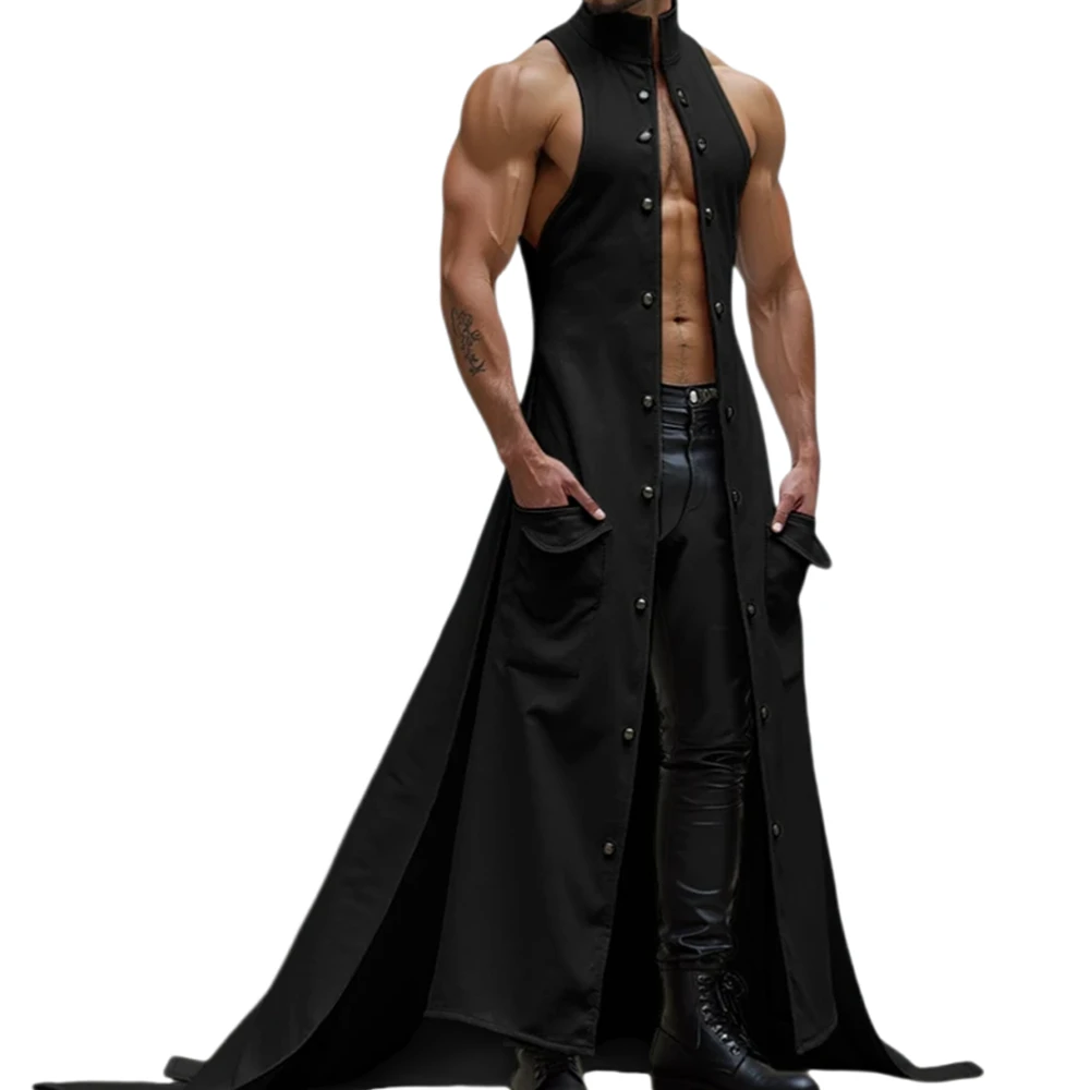 

Мужские длинные стильные жилеты с воротником-стойкой без рукавов и пуговицами, модные мужские жилеты, однотонное пальто нестандартной формы