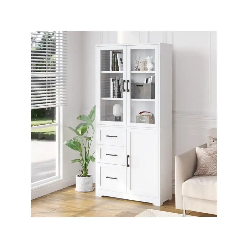 

3 двери, 3 ящика, 5 слоев, витрина из шпона Triamine Board, белый 78x38,5x170 см N001