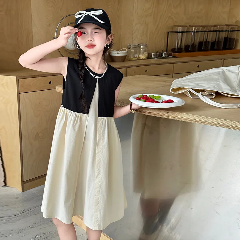 

Girls Skirts 2024 Summer New Childrens Clothing Sleeveless Cotton Cloth Foreign Style Skirt Vest Patchwork Fake Two Dresses