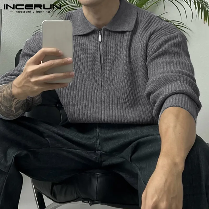 

2026 Мужская рубашка, однотонная уличная одежда с лацканами и длинными рукавами на молнии, повседневная мужская одежда, вязаные свитера для отдыха, топы S-5XL INCERUN
