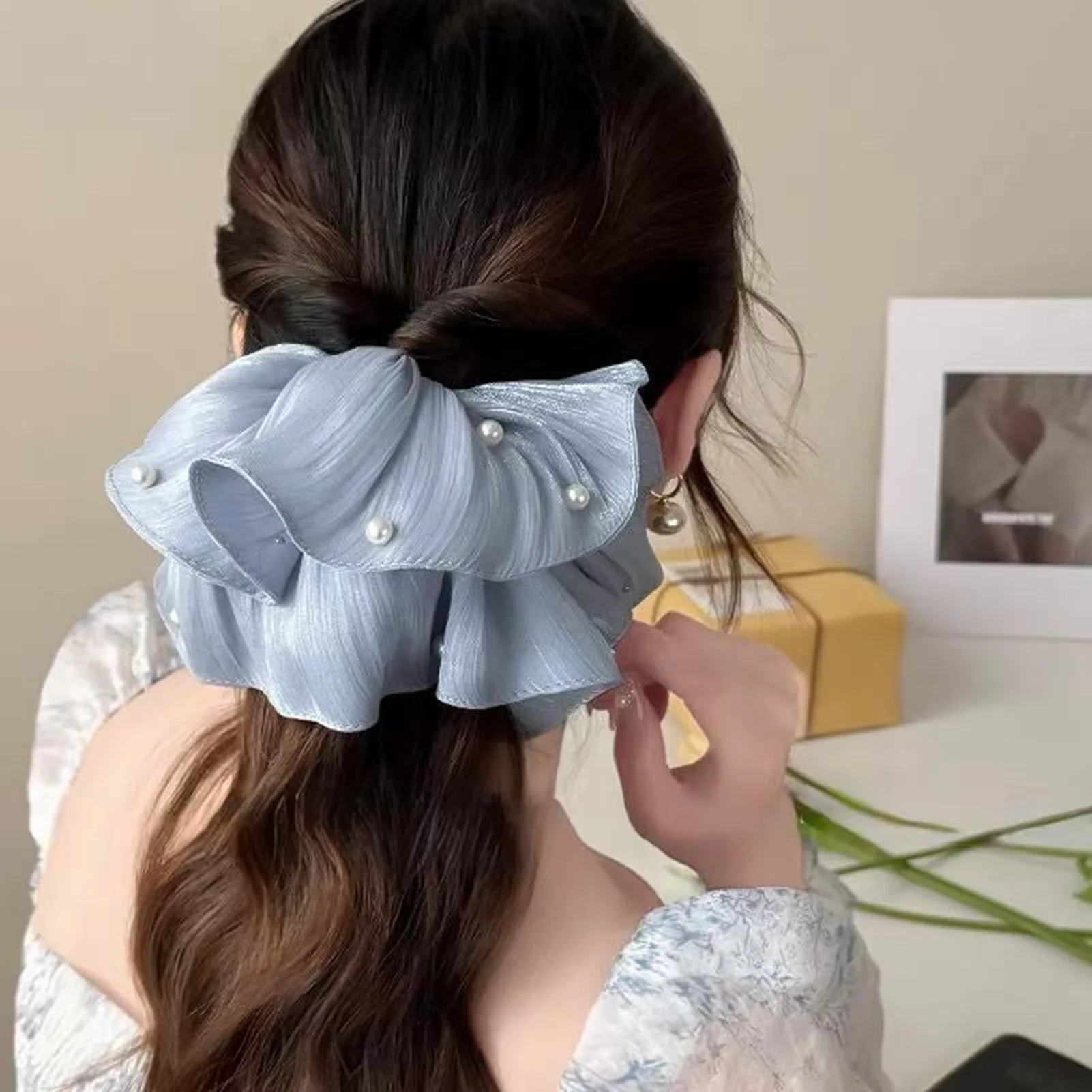 French Pleated Hair Scrunchies High-end Fairy Imitation Pearl Mesh Headband Ponytail Holder Elastic Hait Tie Floral Hair Rope