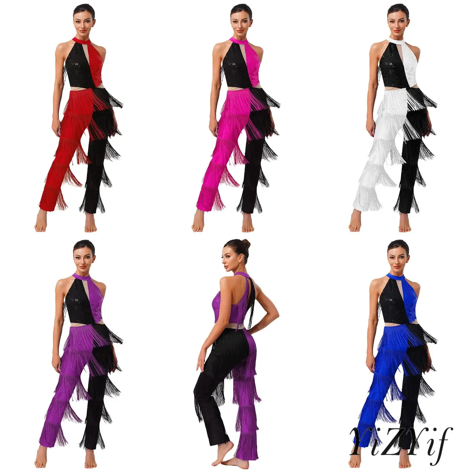 

Womens Latin Disco Dance Jumpsuit Hippie Dancewear Sequin Tassel Fringe Bodysuit Carnival Rave Party Jazz Dance Costume Clubwear