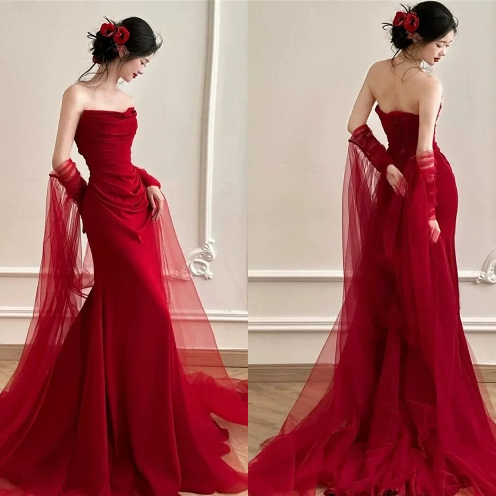 

Customized Romantic Burgundy Jersey Evening Dress Exquisite Strapless Detachable Sleeve Sleeveless Lace Up Back Homecoming Dress
