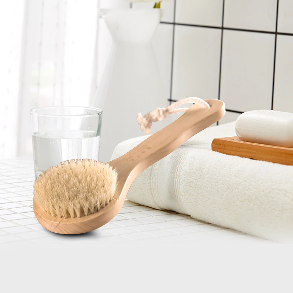 Artificial Bristle Middle Long Handle Wooden Scrub Skin Massage Shower Body Bath Brush Round Soft Brush Bathroom Accessories