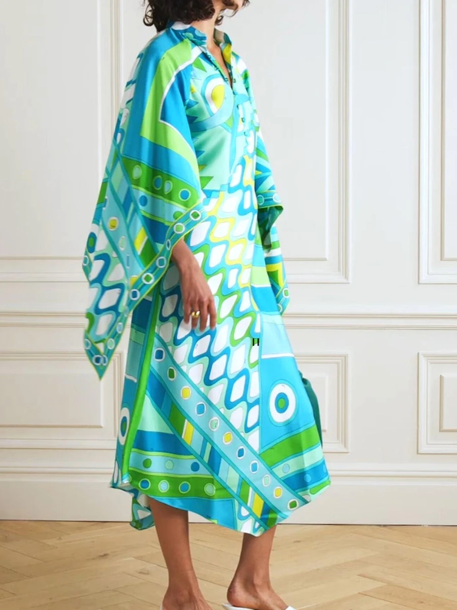 Moda botão gola bohe vestido outono feminino férias vestido irregular elegante senhora solta alargamento manga longa vestido de praia