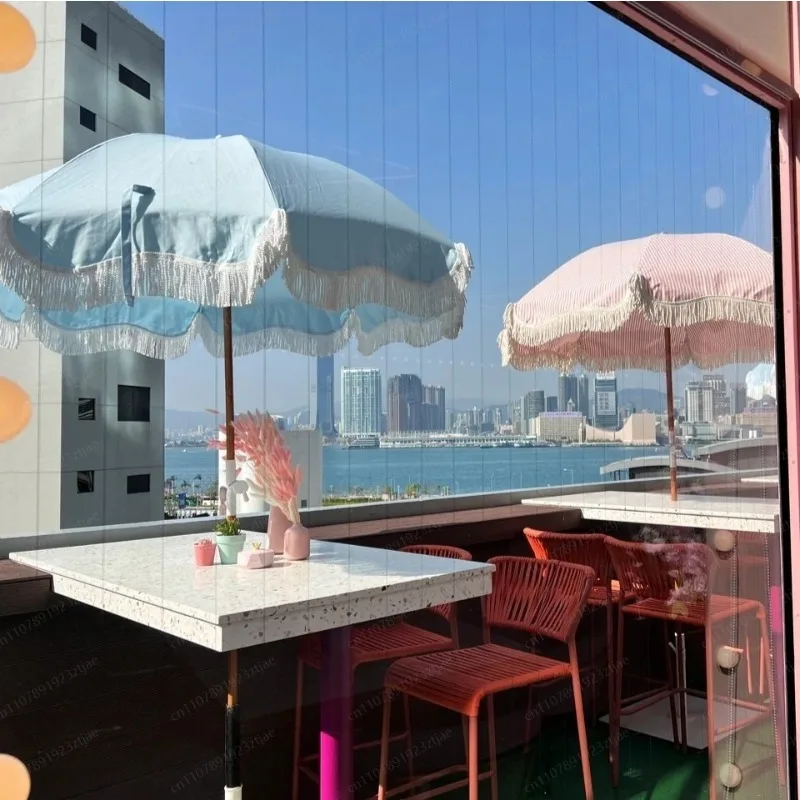 Outdoor Light Blue Large Beach Sun Umbrella, Garden Patio Rain Shelter Tassel Folding Camping Parasol UV Protection
