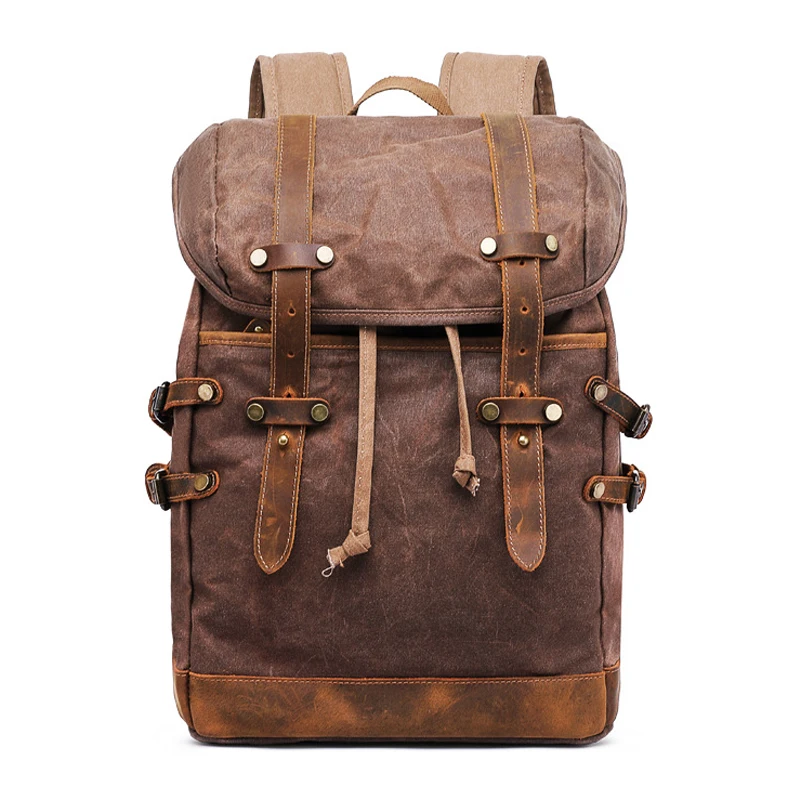 Qigu West Retro Unisex Oil Wax Canvas Leather Mountain Climbing Travel Backpack Computer Bag Men's Bag American Retro Style