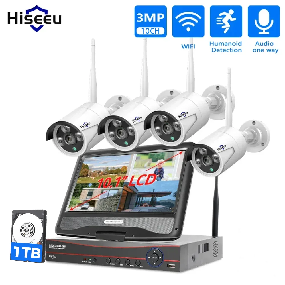 Hiseeu 3/5MP Wireless Security Cameras Kit Outdoor Waterproof IP Camera Surveillance CCTV System Set with 10.1